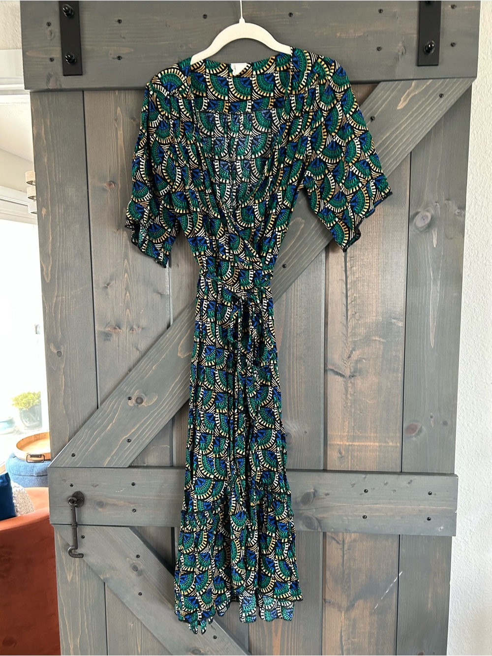 Green Patterned Midi Wrap Dress with Tie Waist